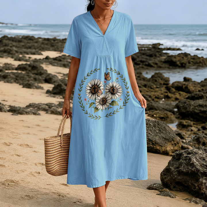 Christianartworkshop Devotional Sunflower Cross & Butterfly Wreath V-Neck Short Sleeve Midi Dress - image 3