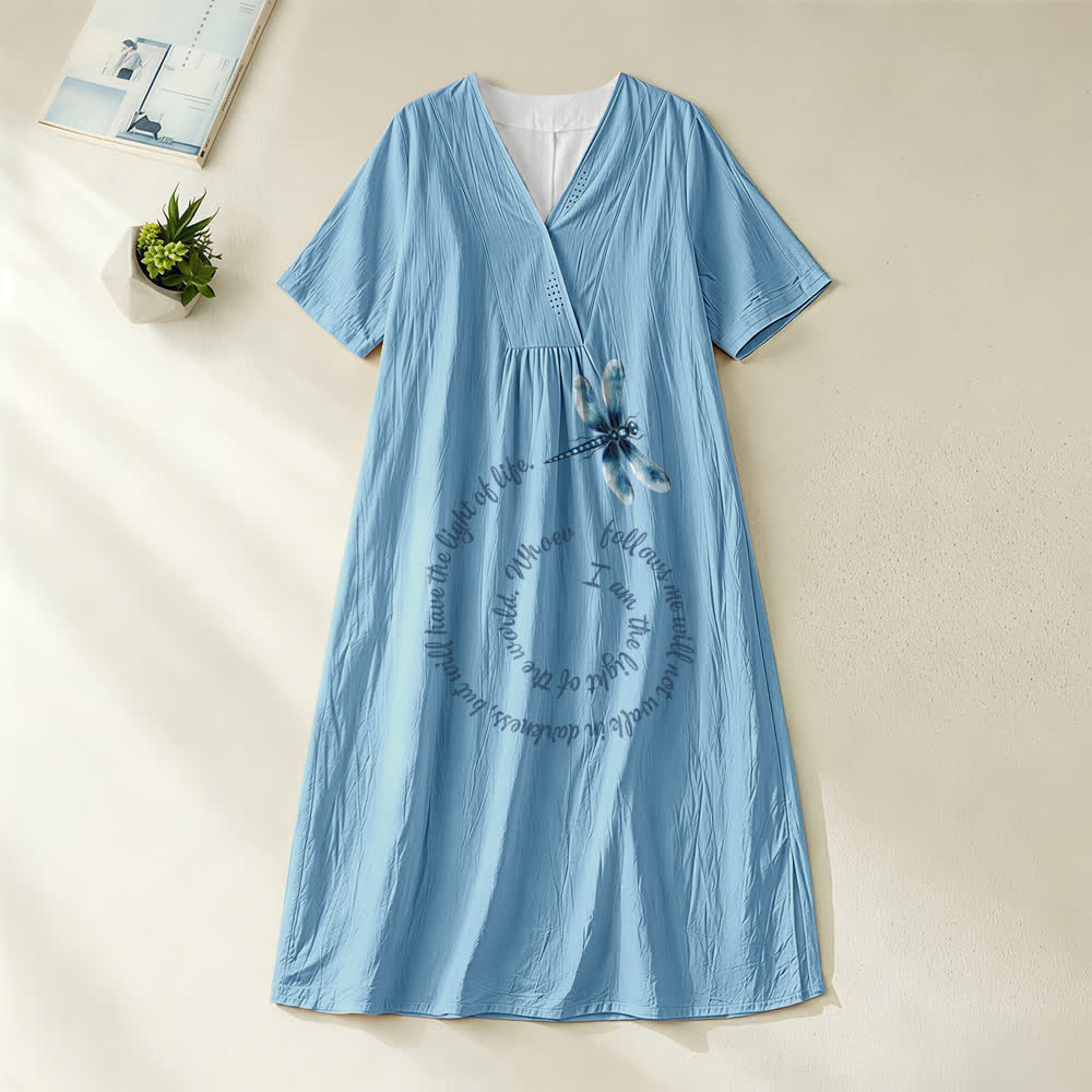 Christianartworkshop Relaxed Fit Dragonfly & Inspirational Verse V-Neck Short Sleeve Midi Dress - Blue - 4XL - image 0