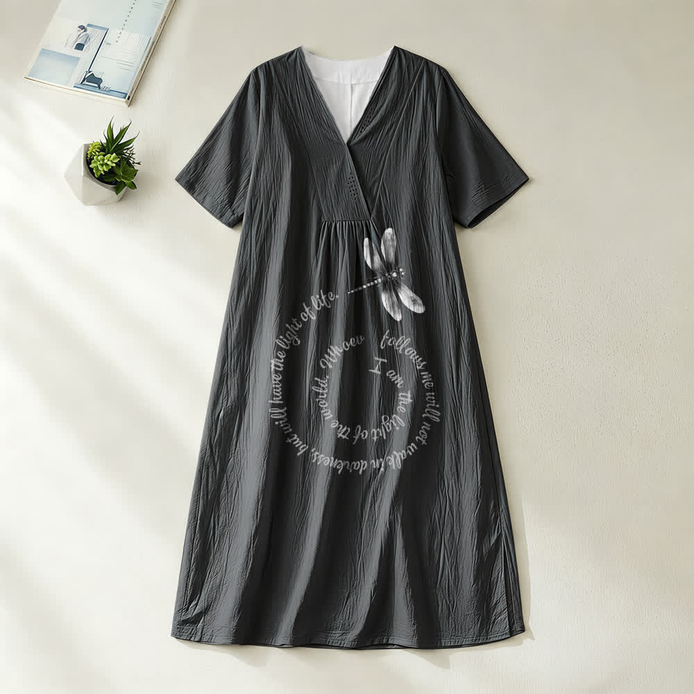 Christianartworkshop Relaxed Fit Dragonfly & Inspirational Verse V-Neck Short Sleeve Midi Dress - Black - 4XL - image 2