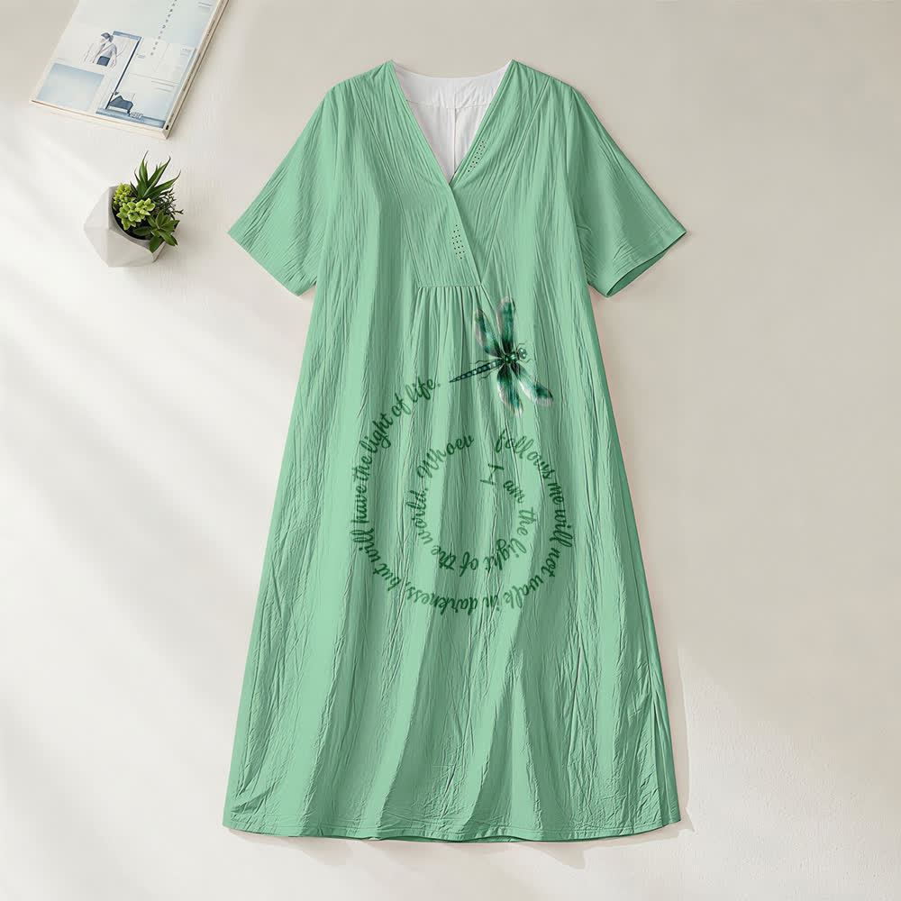 Christianartworkshop Relaxed Fit Dragonfly & Inspirational Verse V-Neck Short Sleeve Midi Dress - Green - 4XL - image 4