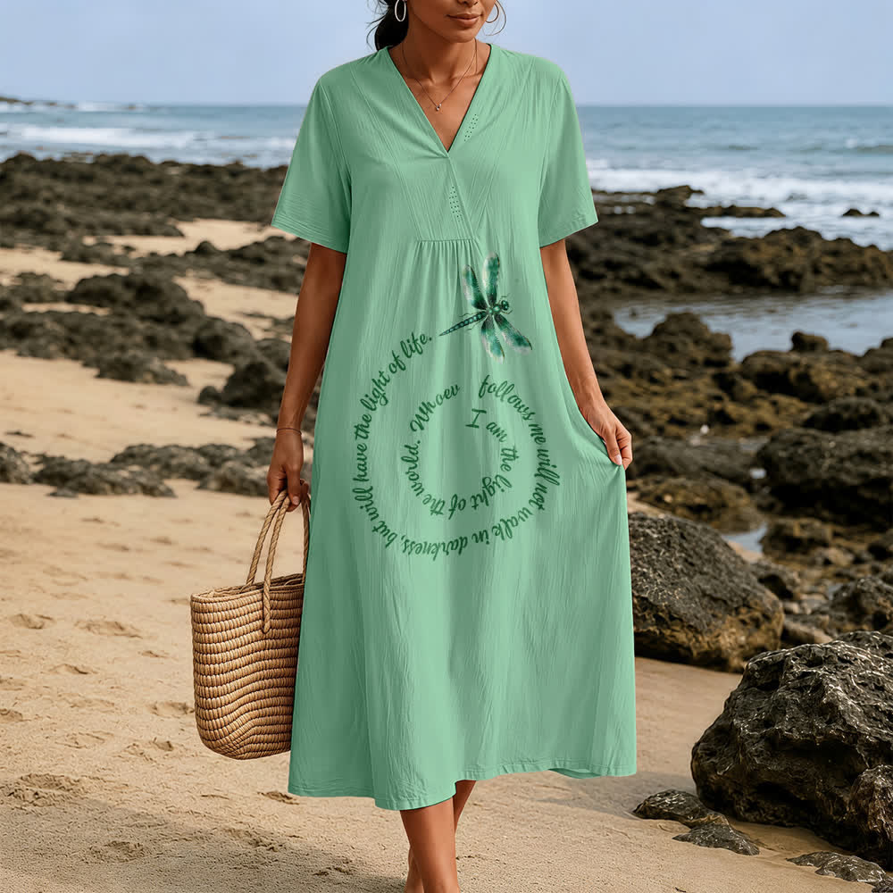 Christianartworkshop Relaxed Fit Dragonfly & Inspirational Verse V-Neck Short Sleeve Midi Dress - image 5