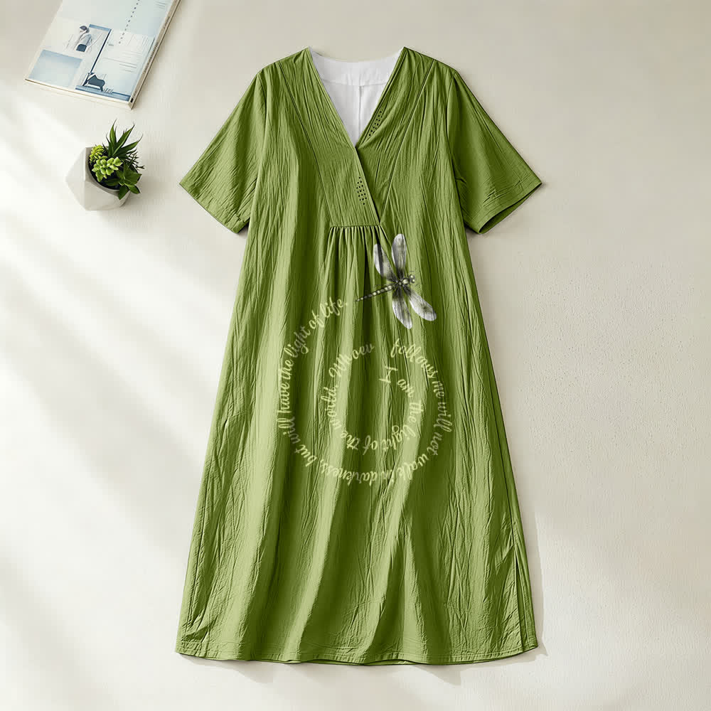 Christianartworkshop Relaxed Fit Dragonfly & Inspirational Verse V-Neck Short Sleeve Midi Dress - Olive Green - 4XL - image 10