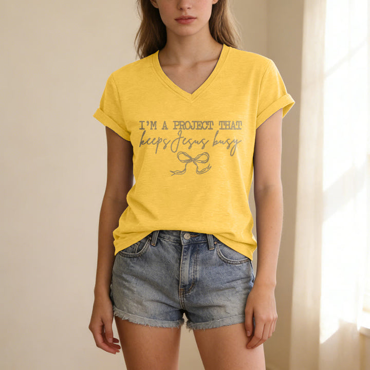 Christianartworkshop I am A Project That Keeps Jesus Busy Bow Script Casual V-neck T-shirt - image 15