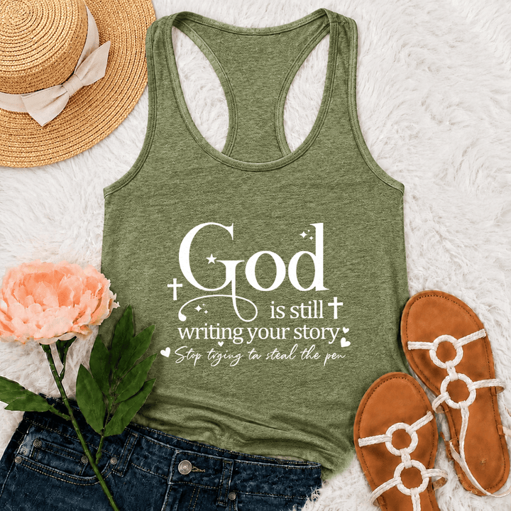 Christianartworkshop God Is Still Writing Your Story Christian Workout Racerback Tank Top - Olive Green - 2XL - image 0
