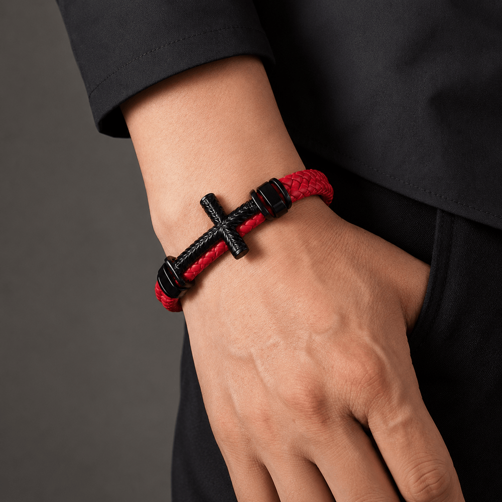 Christianartworkshop 10-Color Braided Leather Cross Bracelet with Embossed Details: A Symbol of Rugged Faith - image 1