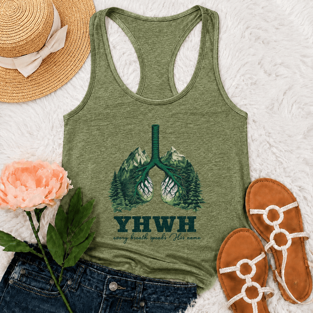 Christianartworkshop YHWH Every Breath Speaks His Name Racerback Tank Top - Olive Green - 2XL - image 0
