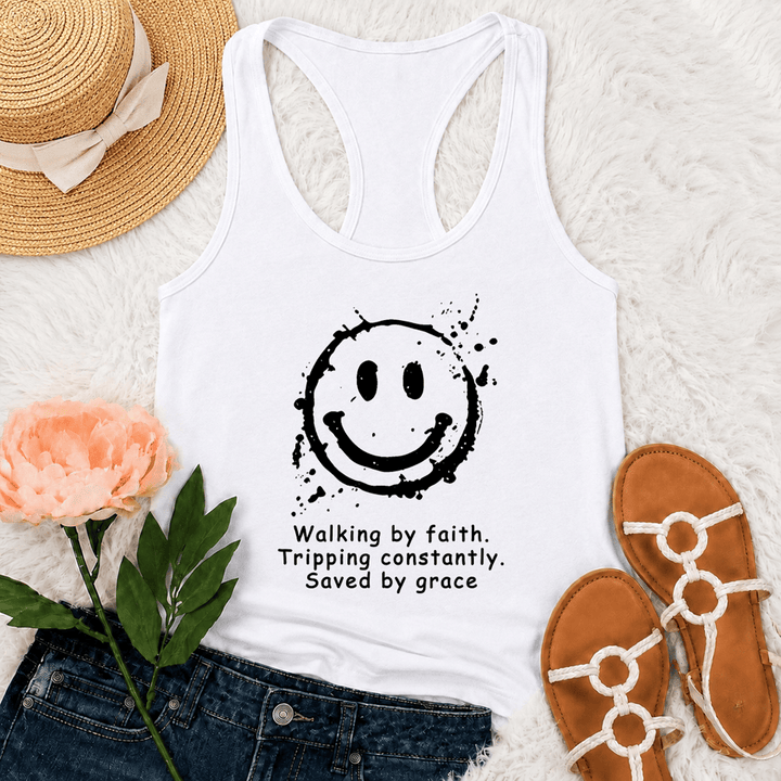Christianartworkshop Walking By Faith Saved By Grace Racerback Tank Top - White - 2XL - image 6