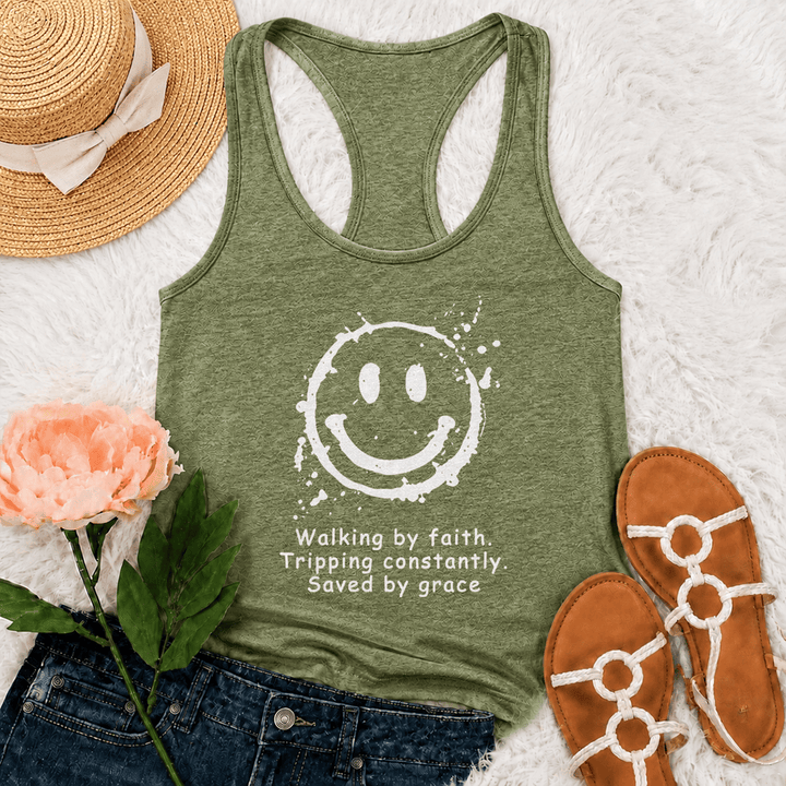 Christianartworkshop Walking By Faith Saved By Grace Racerback Tank Top - Olive Green - 2XL - image 18