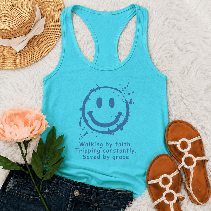 Christianartworkshop Walking By Faith Saved By Grace Racerback Tank Top - Mint - 2XL - image 12