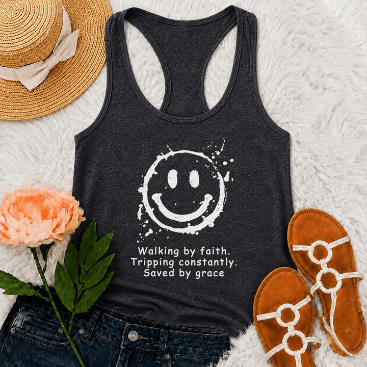 Christianartworkshop Walking By Faith Saved By Grace Racerback Tank Top - Grey - 2XL - image 9