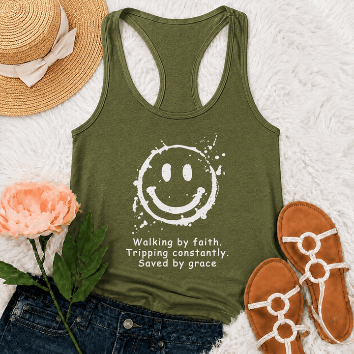 Christianartworkshop Walking By Faith Saved By Grace Racerback Tank Top - Army Green - 2XL - image 21