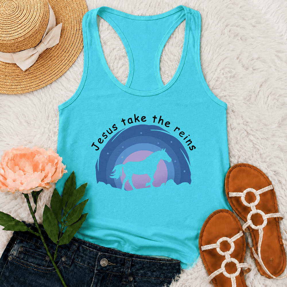 Christianartworkshop Cowgirl Wild Horse Jesus Take The Reins Racerback Tank Top - Mint - 2XL - image 12