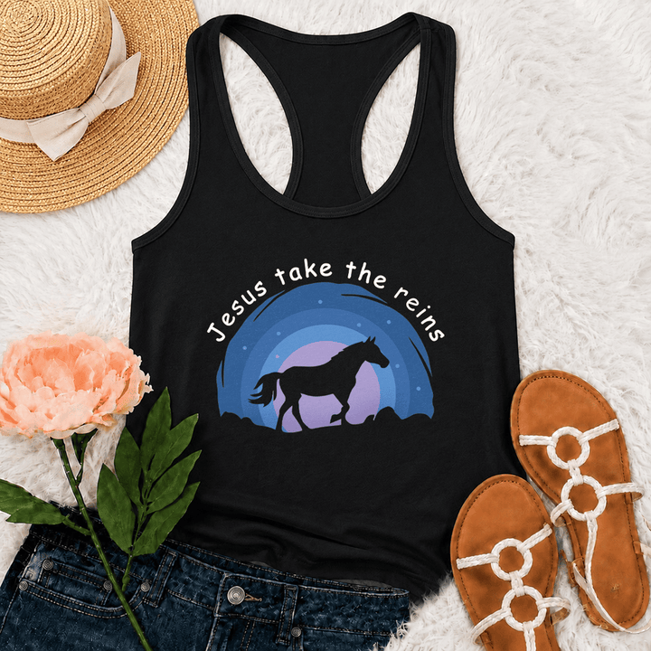 Christianartworkshop Cowgirl Wild Horse Jesus Take The Reins Racerback Tank Top - Black - 2XL - image 3