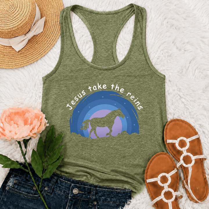 Christianartworkshop Cowgirl Wild Horse Jesus Take The Reins Racerback Tank Top - Olive Green - 2XL - image 18