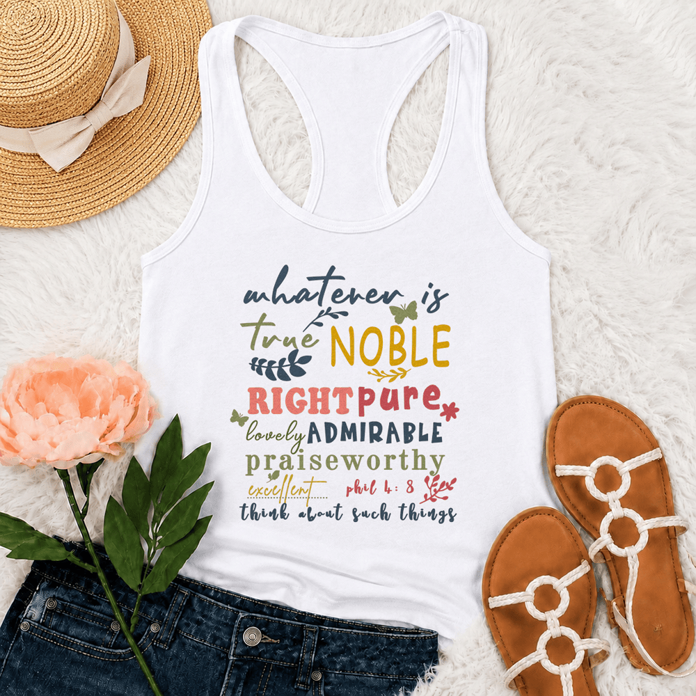 Christianartworkshop Colorful Handlettered Whatever Is True Noble Racerback Tank Top - White - 2XL - image 0