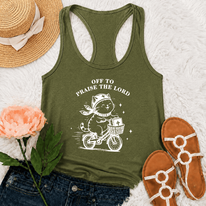 Christianartworkshop Cute Cat Off To Praise The Lord Racerback Tank Top - Army Green - 2XL - image 18