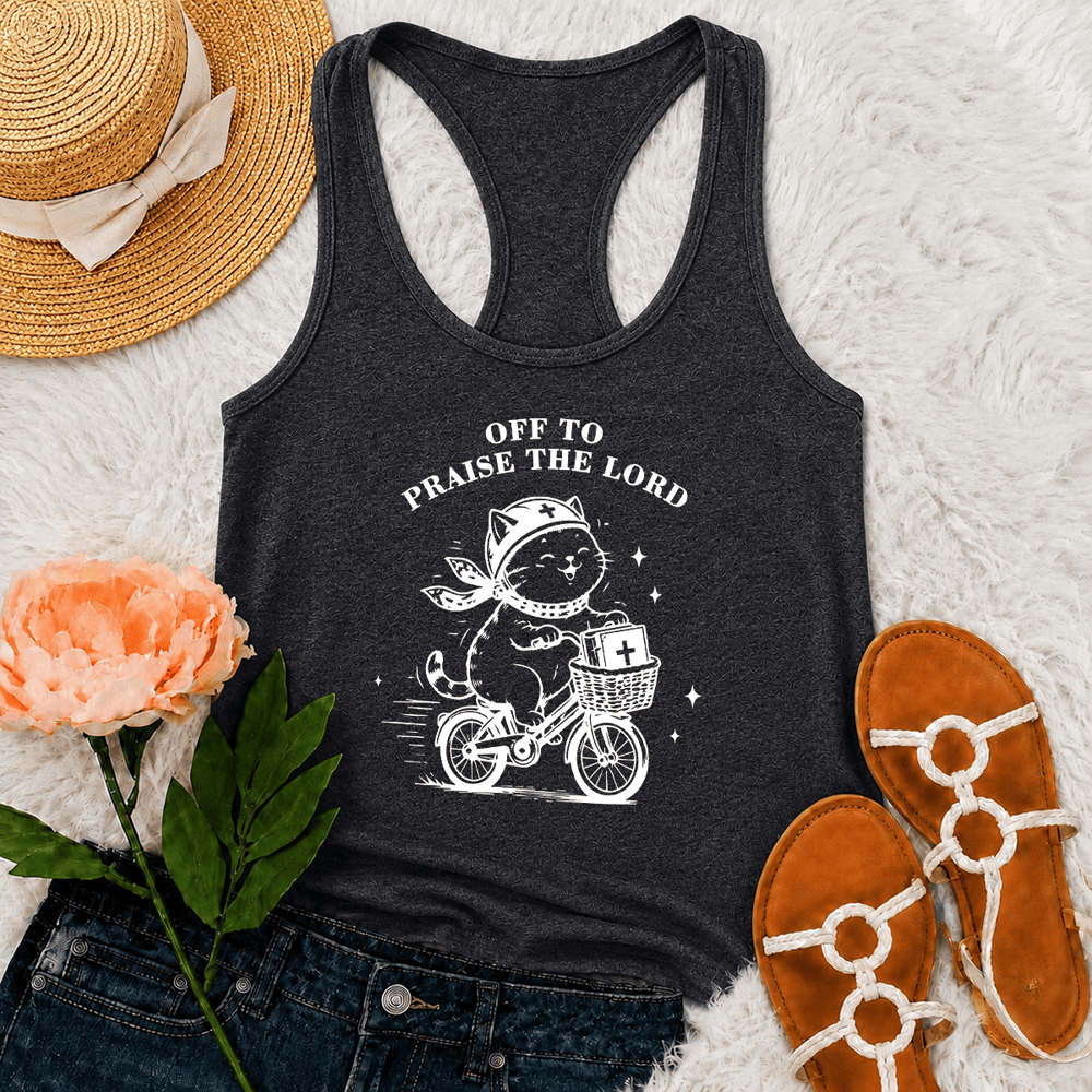 Christianartworkshop Cute Cat Off To Praise The Lord Racerback Tank Top - Grey - 2XL - image 9