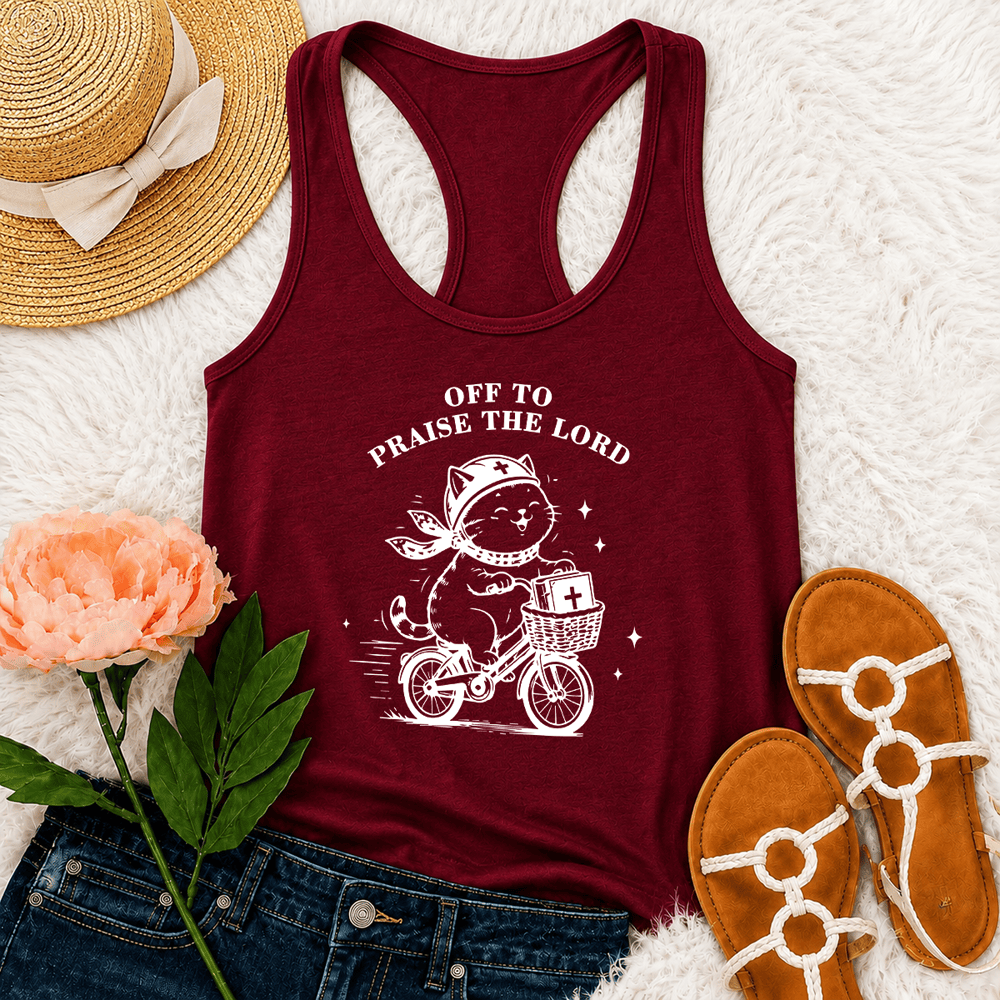 Christianartworkshop Cute Cat Off To Praise The Lord Racerback Tank Top - Wine - 2XL - image 24