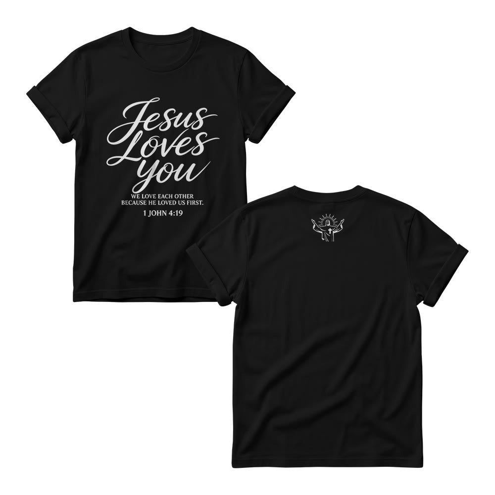 Christianartworkshop Jesus Loves You Flowing Cursive 1 John 4 : 19 Front Small Crown Cross Sketch Women’s Crewnecks - Black - 4XL - image 1