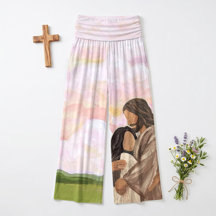 Christianartworkshop Jesus Warm Embrace Soft Pastel Sky Green Hills Oil Painting Print High Waist Stretch Women’s Wide Leg Pants - US22,UK/AU26,EU54(6XL) - image 0
