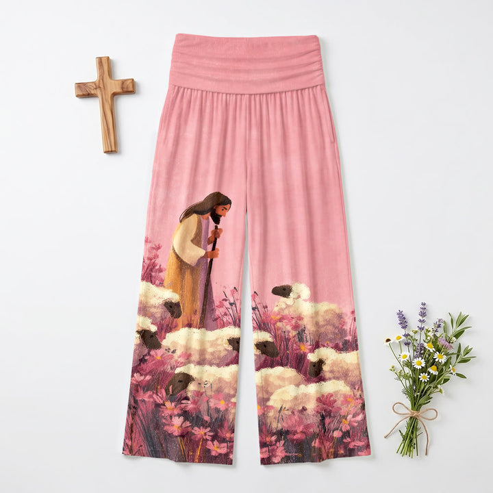 Christianartworkshop Fold Over Elastic High Waist Pastoral Shepherd Jesus Floral Field Cartoon Art Casual Faith Women’s Wide Leg Pants - US22,UK/AU26,EU54(6XL) - image 0