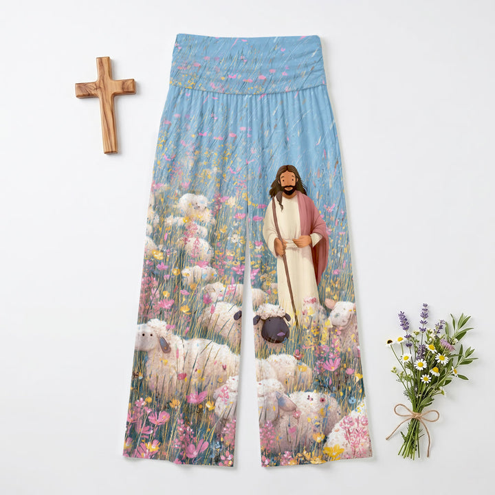 Christianartworkshop Good Shepherd Jesus Multicolor Wildflower Light Blue Sky Cartoon Oil Print High Waist Stretch Women’s Wide Leg Pants - US22,UK/AU26,EU54(6XL) - image 0