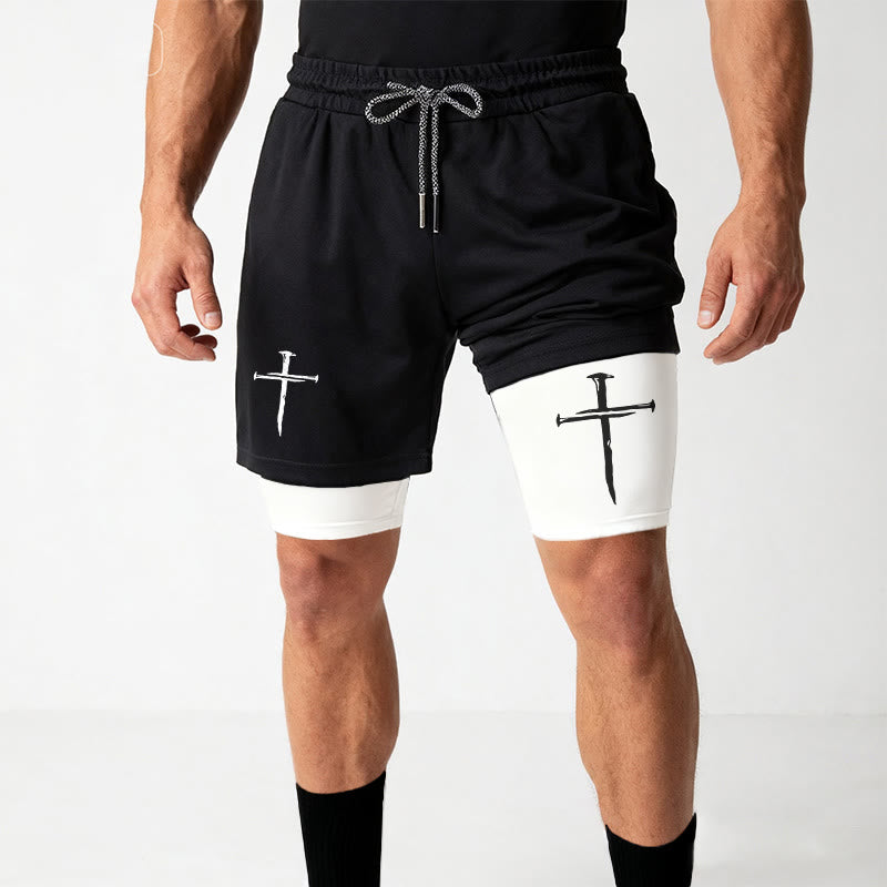 Christianartworkshop Nail Cross Minimal Sketch Double Layer Drawstring Athletic Faith  Shorts - image 7