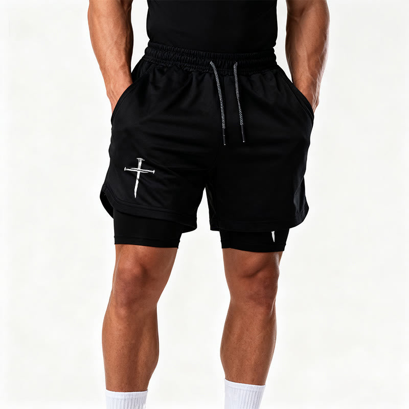 Christianartworkshop Nail Cross Minimal Sketch Double Layer Drawstring Athletic Faith  Shorts - image 17
