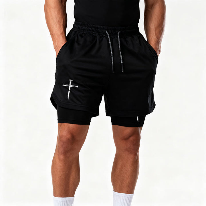 Christianartworkshop Nail Cross Minimal Sketch Double Layer Drawstring Athletic Faith  Shorts - image 17