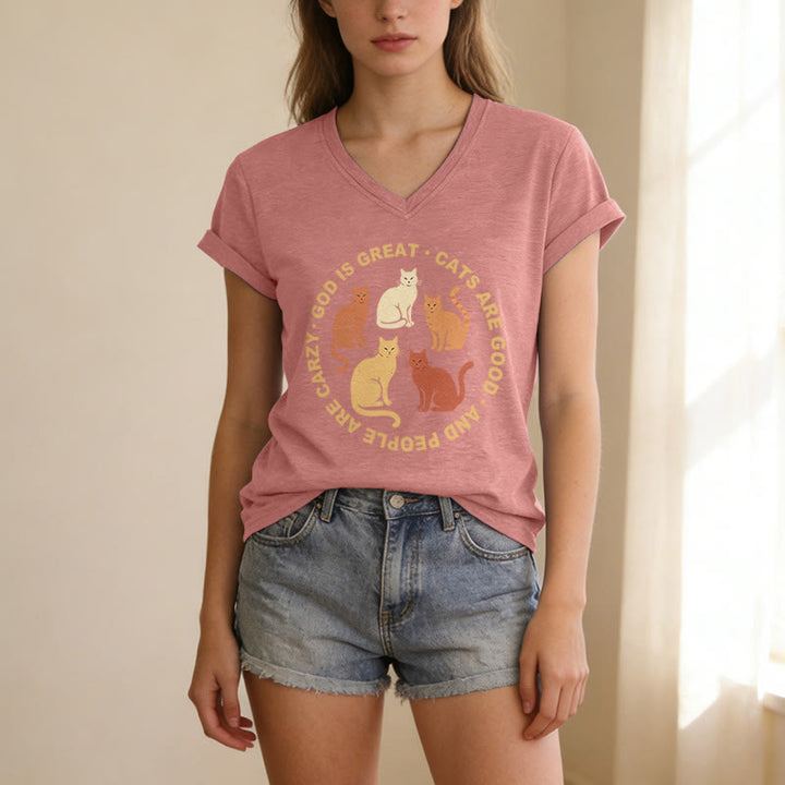Christianartworkshop Funny Christian Cat Lover Circular Slogan Multi Shade Kitten Group Print Casual V-neck T-shirt - image 13