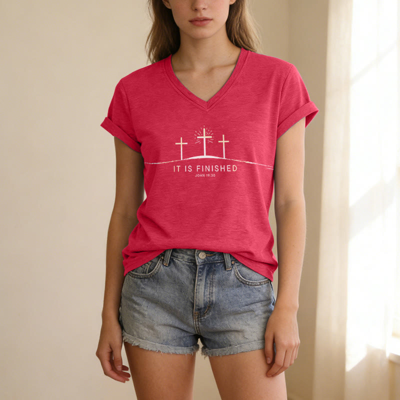 Christianartworkshop It Is Finished Three Calvary Crosses John 19:30 Minimal Line Graphic Casual V-neck T-shirt - image 3