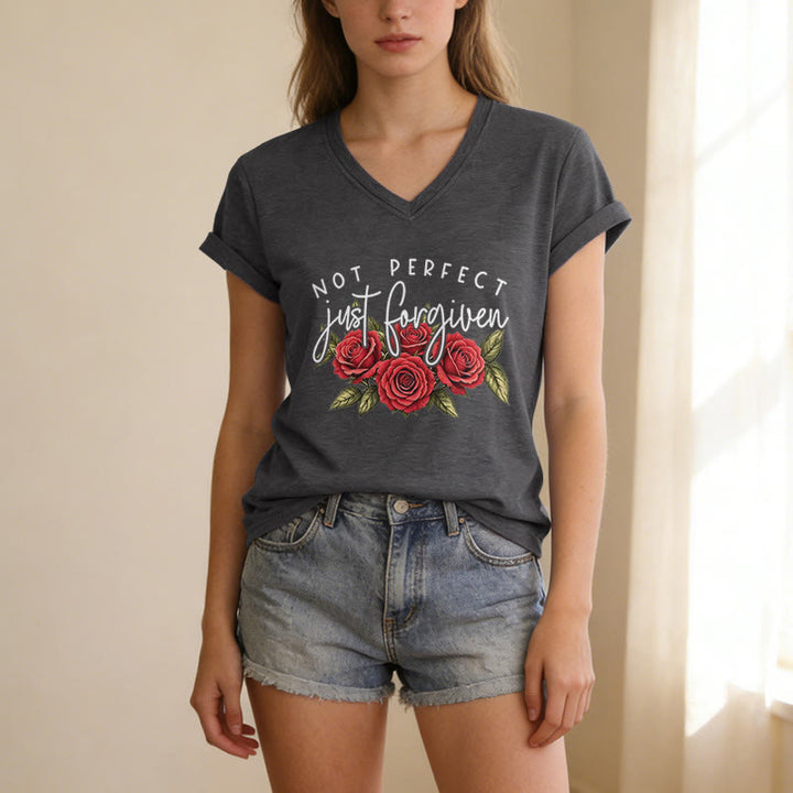 Christianartworkshop Not Perfect Just Forgiven Red Rose Bouquet Dual Font Floral Faith Graphic Casual V-neck T-shirt - image 9