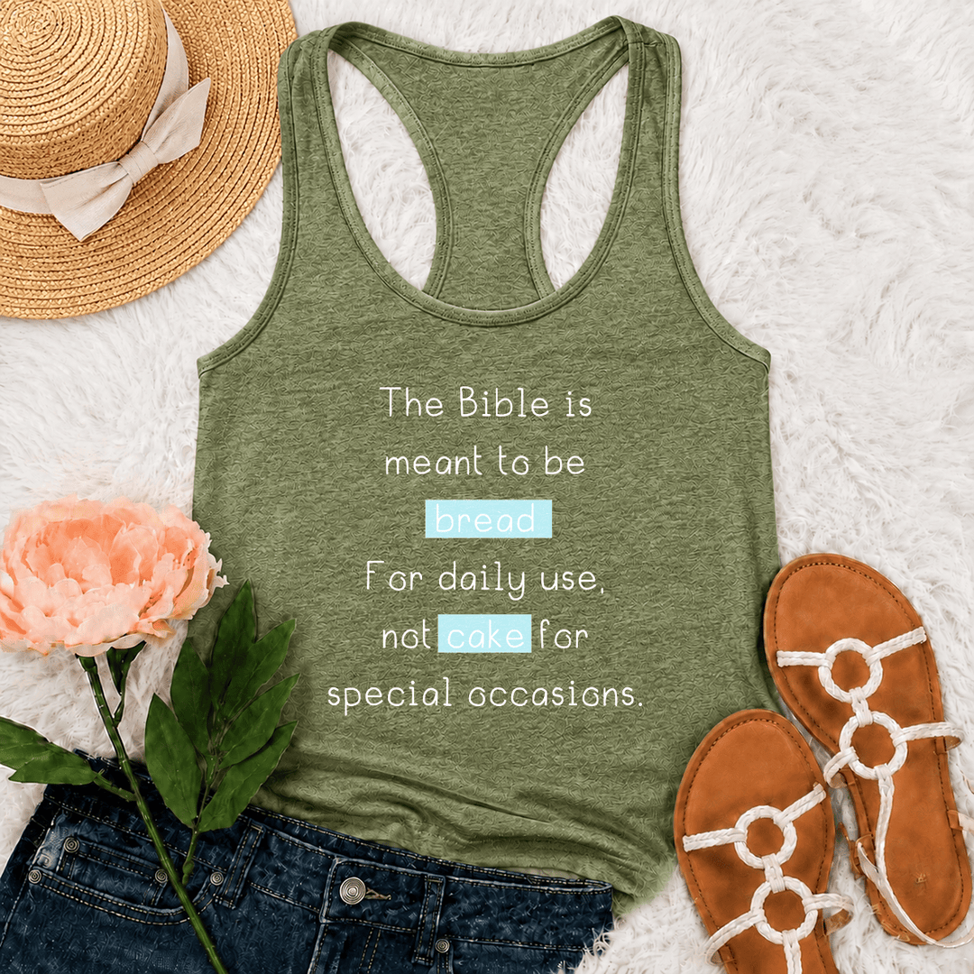 Christianartworkshop Matthew 4:4 Highlighted Bread Cake Biblical Daily Faith Quote Racerback Tank Top - Olive Green - 2XL - image 3