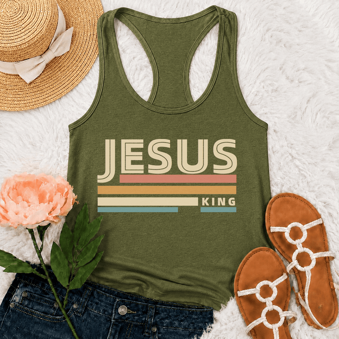Christianartworkshop Jesus King Retro Multicolor Stripe Vintage Bold Font Graphic Racerback Tank Top - Army Green - 2XL - image 0