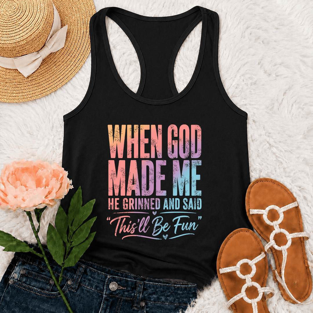 Christianartworkshop Pastel Rainbow Gradient Funny God Creation Distressed Typography Racerback Tank Top - Black - 2XL - image 0