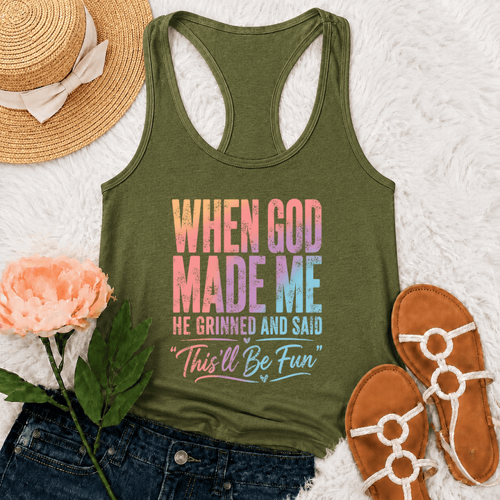 Christianartworkshop Pastel Rainbow Gradient Funny God Creation Distressed Typography Racerback Tank Top - Army Green - 2XL - image 3