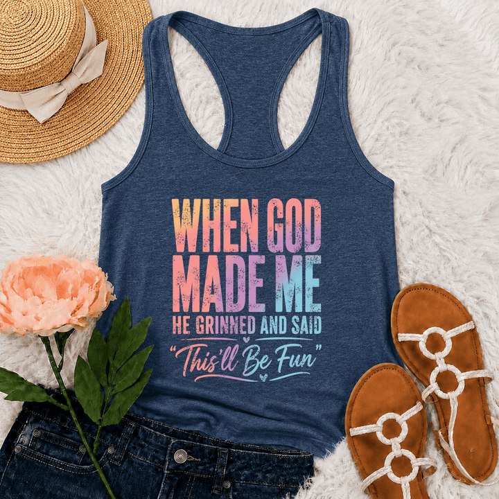 Christianartworkshop Pastel Rainbow Gradient Funny God Creation Distressed Typography Racerback Tank Top - Navy Blue - 2XL - image 6