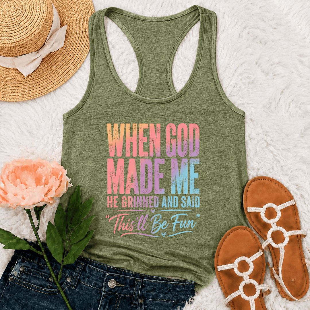 Christianartworkshop Pastel Rainbow Gradient Funny God Creation Distressed Typography Racerback Tank Top - Olive Green - 2XL - image 9