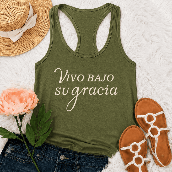 Christianartworkshop Simple Spanish Religious Grace Cursive Lettering Racerback Tank Top - Army Green - 2XL - image 6