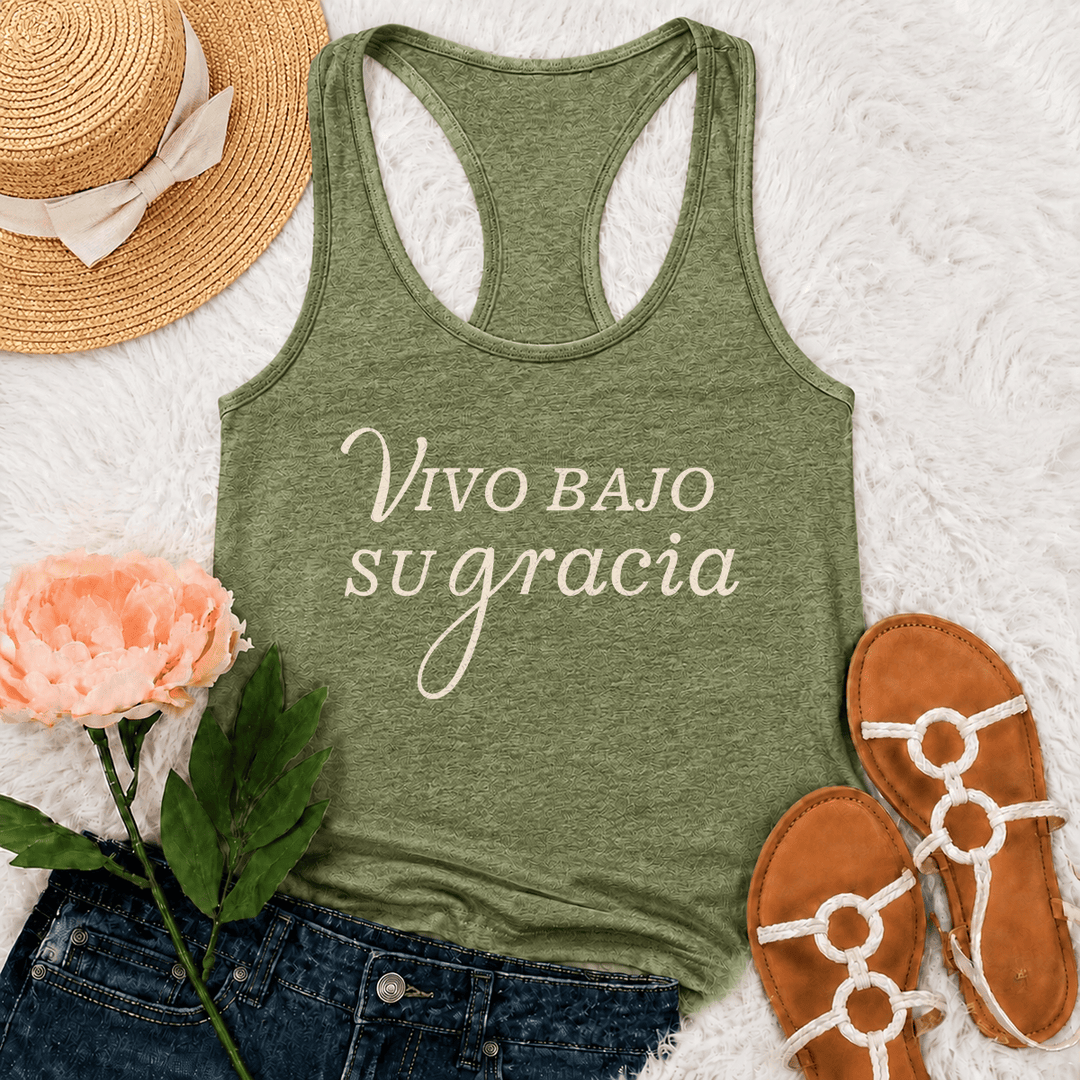 Christianartworkshop Simple Spanish Religious Grace Cursive Lettering Racerback Tank Top - Olive Green - 2XL - image 12