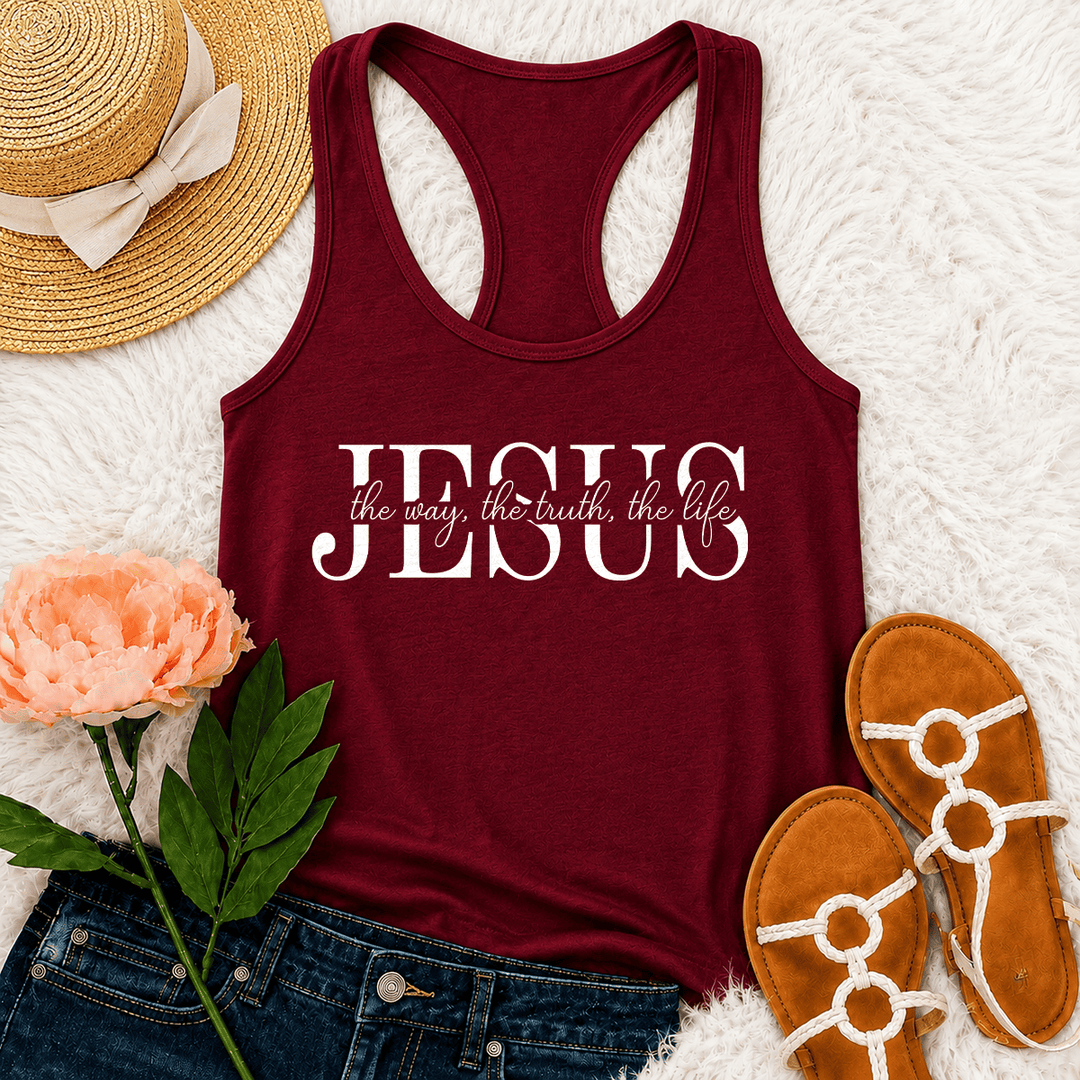 Christianartworkshop Jesus The Way The Truth The Life Mixed Serif & Cursive Faith Text Racerback Tank Top - Wine - 2XL - image 27