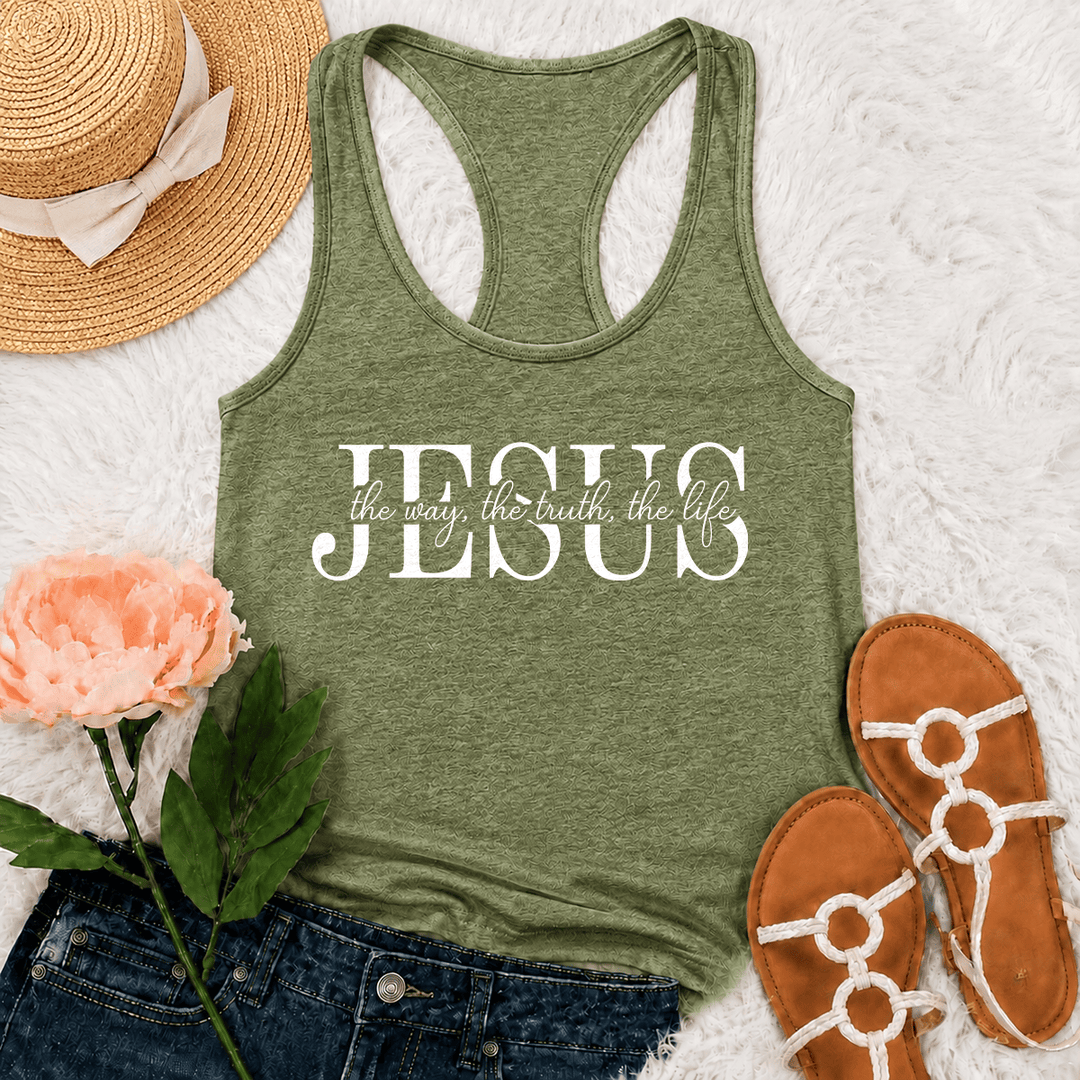 Christianartworkshop Jesus The Way The Truth The Life Mixed Serif & Cursive Faith Text Racerback Tank Top - Olive Green - 2XL - image 15