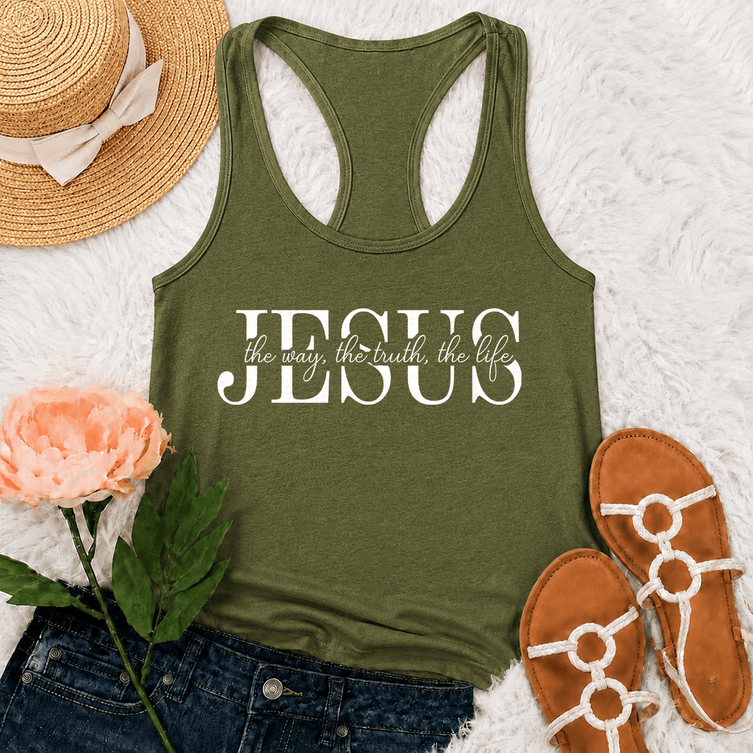 Christianartworkshop Jesus The Way The Truth The Life Mixed Serif & Cursive Faith Text Racerback Tank Top - Army Green - 2XL - image 9