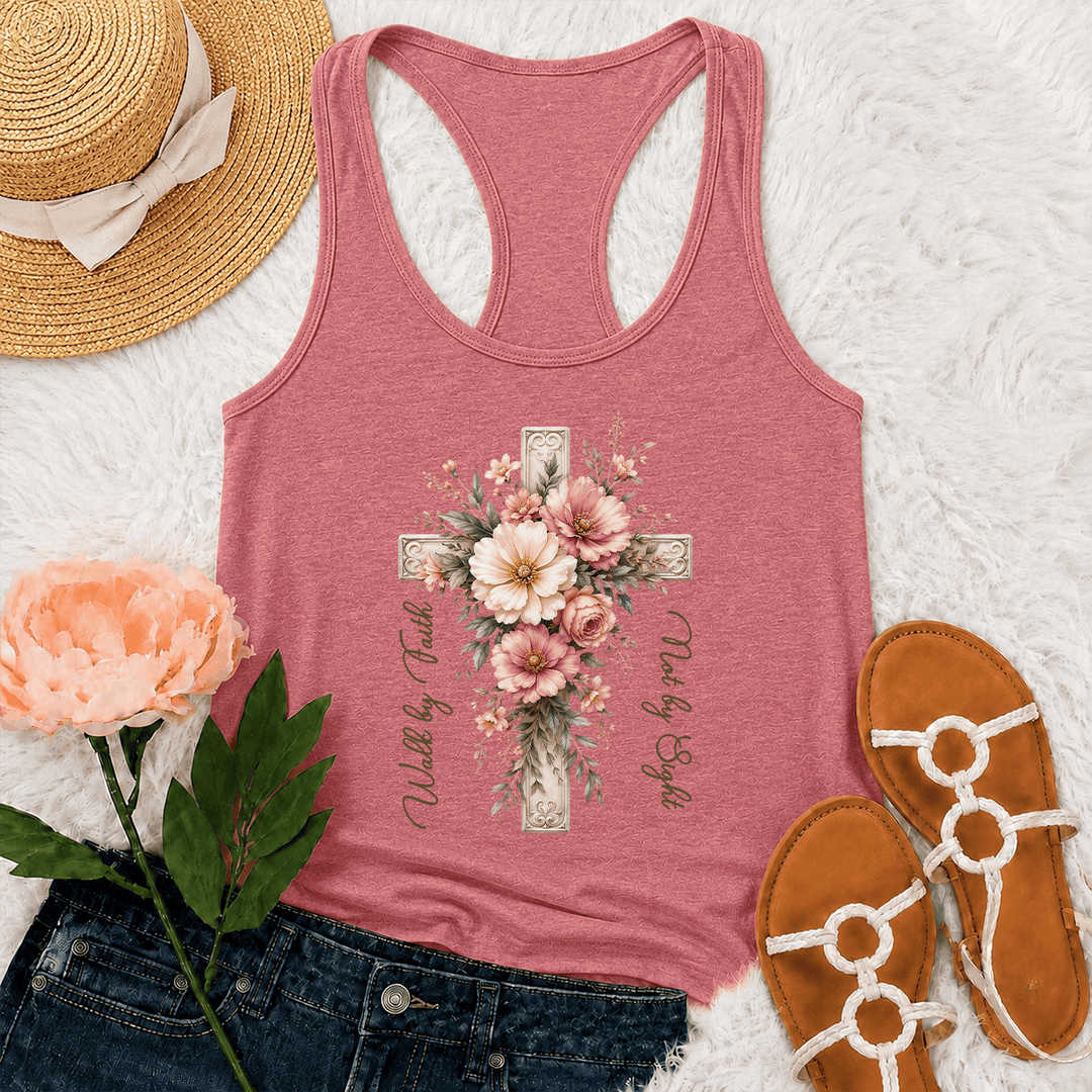 Christianartworkshop Walk by Faith Not by Sight Vintage Ornate Cross Blush Floral Watercolor Graphic Racerback Tank Top - Pink - 2XL - image 0