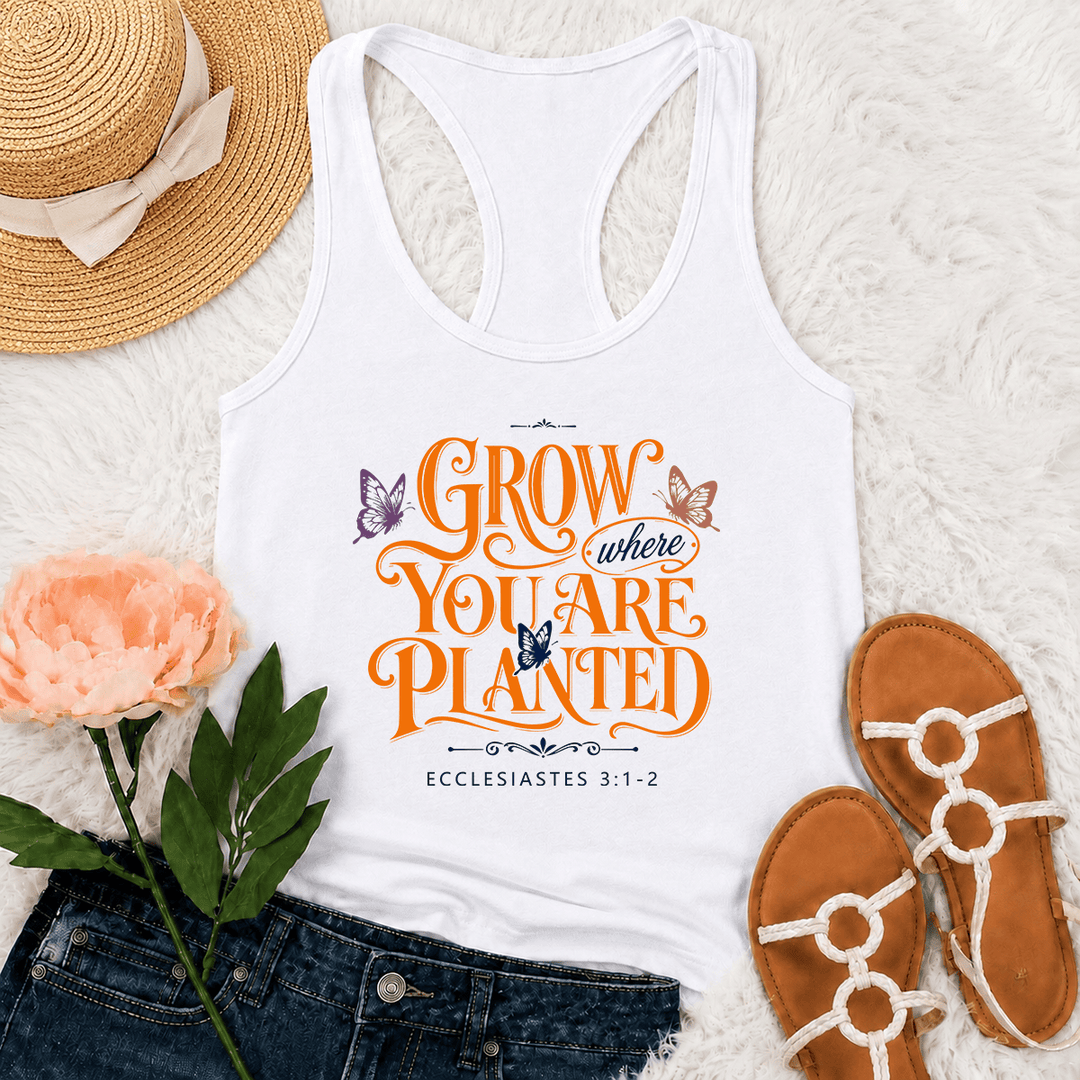 Christianartworkshop Grow Where You Are Planted Ornate Vintage Script Butterfly Accent Ecclesiastes 3:1-2 Graphic Racerback Tank Top - White - 2XL - image 0