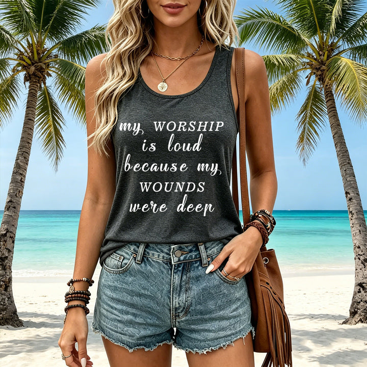 Christianartworkshop My Worship Is Loud Because My Wounds Were Deep Mixed Font Inspirational Text Racerback Tank Top - image 7
