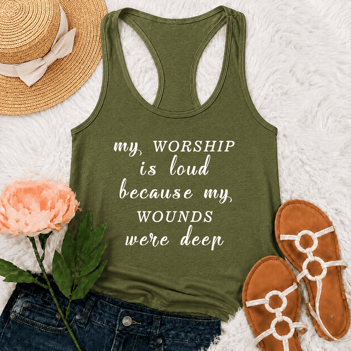Christianartworkshop My Worship Is Loud Because My Wounds Were Deep Mixed Font Inspirational Text Racerback Tank Top - Army Green - 2XL - image 15