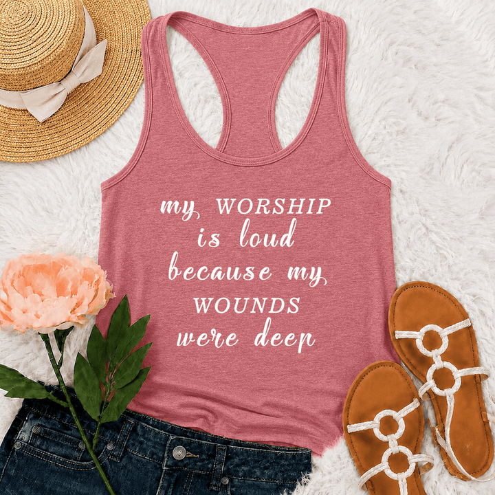 Christianartworkshop My Worship Is Loud Because My Wounds Were Deep Mixed Font Inspirational Text Racerback Tank Top - Pink - 2XL - image 27
