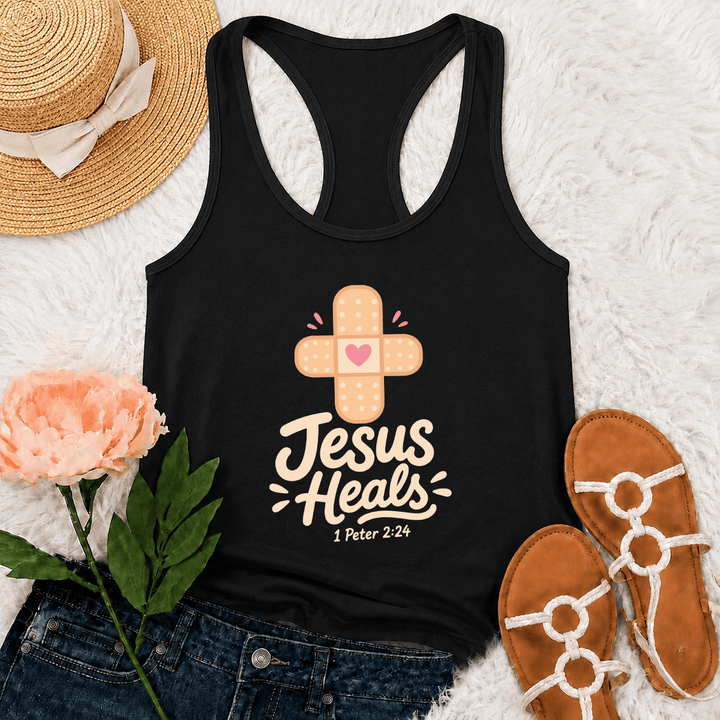 Christianartworkshop Jesus Heals Cross Band-Aid Heart Cartoon Graphic 1 Peter 2:24 Racerback Tank Top - Black - 2XL - image 15