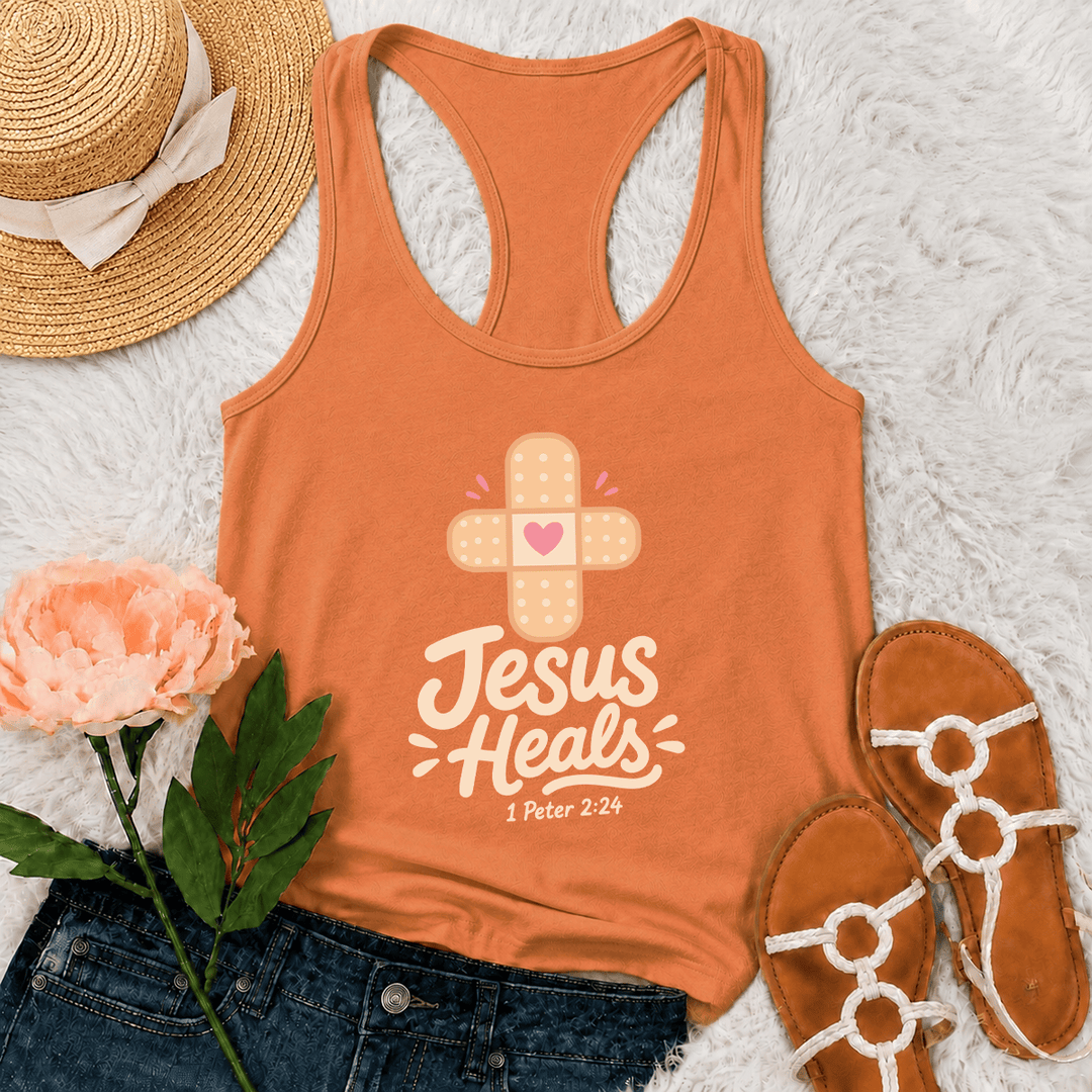Christianartworkshop Jesus Heals Cross Band-Aid Heart Cartoon Graphic 1 Peter 2:24 Racerback Tank Top - Orange - 2XL - image 12